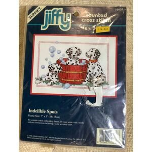 Vintage SUNSET JIFFY 7 x 5 Indelible Spots Dalmatien puppy NEW cross stitch kit